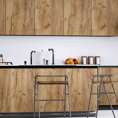 Contemporary Kitchen with Medium Toned Wooden Cabinets, White Planks Floor and Quartz Counter-tops.