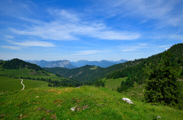 Fototapeta na wymiar Blick über grüne Wiesen im Wilden Kaiser auf das Inn Tal