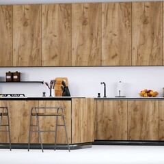Contemporary Kitchen with Medium Toned Wooden Cabinets, White Planks Floor and Quartz Counter-tops.