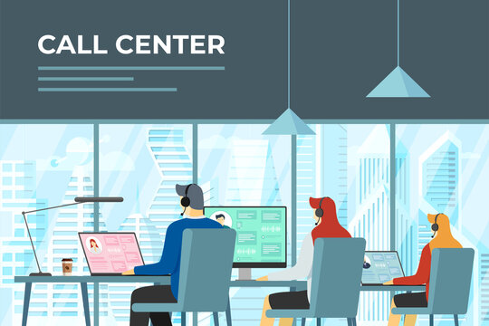 Call Centre Hotline Operators In Office. Helpline Service Workers With Headsets At Work. Online Customer Support Department Staff, Telemarketing, Consultation And Assistance Center Team Illustration