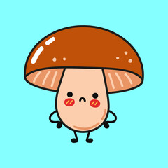 Cute sad mushroom character. Vector hand drawn cartoon kawaii character illustration icon. Isolated on white background. Mushroom character concept
