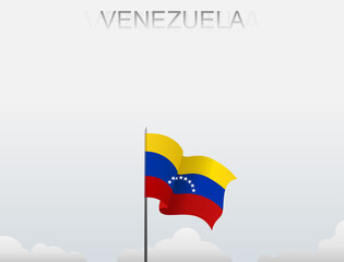 Venezuela flag flutters on a pole standing tall under a white sky