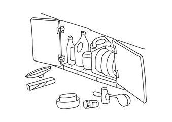 収納に入りきらずに散らかっているキッチン下のイラスト