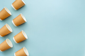 Group of paper cups for take away coffee or tea. Top view
