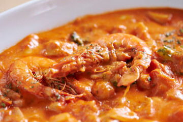 Shrimp seafood curry on a plate 