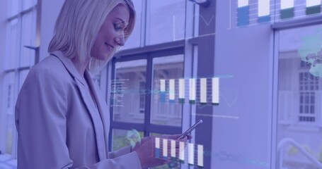 Statistical data processing against caucasian businesswoman using smartphone at office - Powered by Adobe