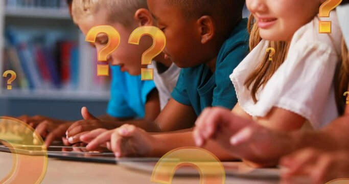 Question mark icons floating against group of kids using electronic devices at school
