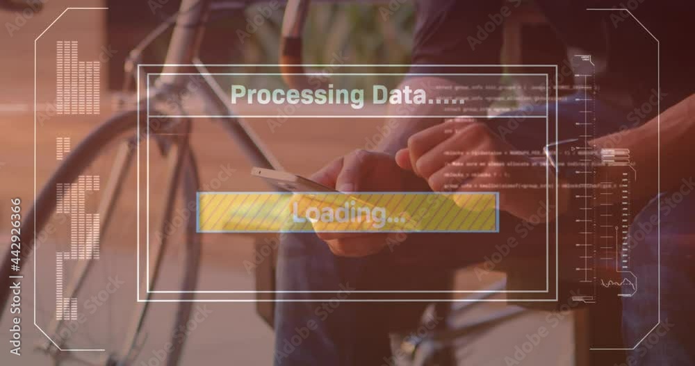 Poster animation of data processing on screen over man using smartphone