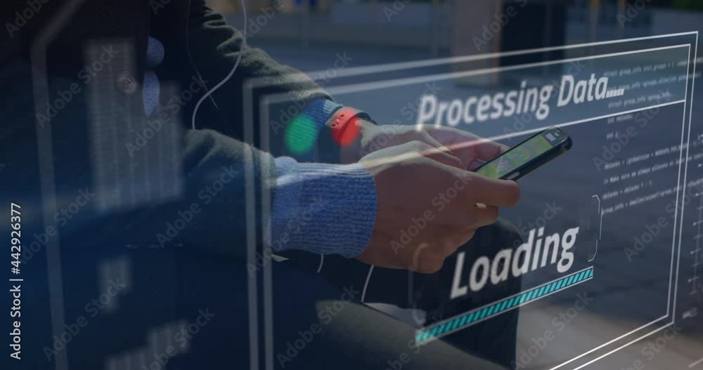 Poster animation of data processing on screen over man using smartphone