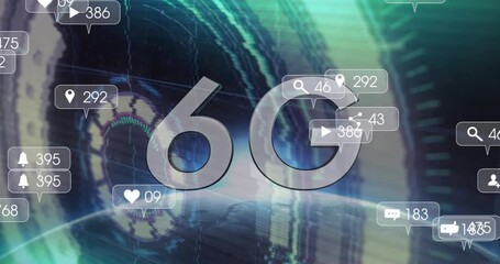 Animation of 6g text, social media icons and data processing - Powered by Adobe