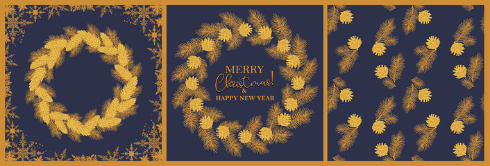 Gold Christmas frame from branches of a Christmas tree, cones, snowflakes, the emblem in gold. Printing on New Year's souvenirs and packaging. Greeting card, poster for New Year.