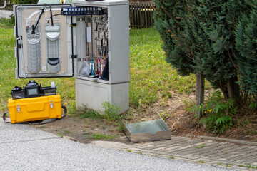 Fibre optic distributor connected with new fibre optic cables, location Germany.