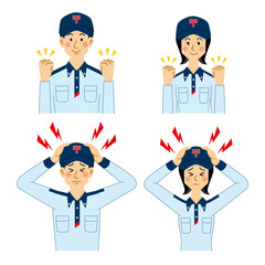 ガッツポーズと悩む郵便局員の男女