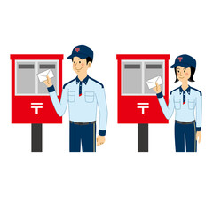 郵便局と郵便局員の男女