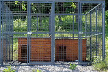 brown wooden dog house in the cage outdoors