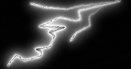 White lightning bolts electrical current zig-zagging wildly across a black background