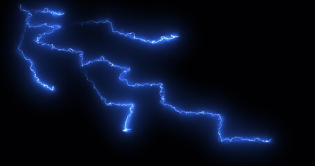 Blue lightning bolts of electrical current moving wildly across a black background