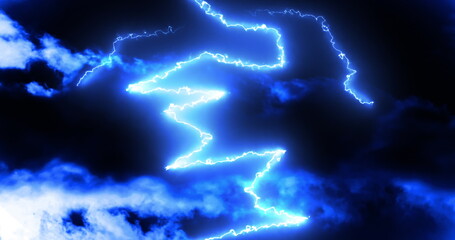 Glowing blue lightning bolts of electrical current moving wildly on dark sky background