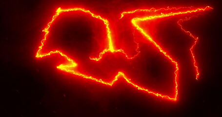 Glowing red and orange lightning bolts of electrical current and smoke moving wildly across a black 