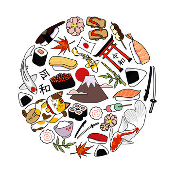 Colorfull vector illustration of Japanese food, nature and other things related to Japanese culture, such as mount fuji, sushi and so on. Japanese charaters meaning Reiwa and Japan