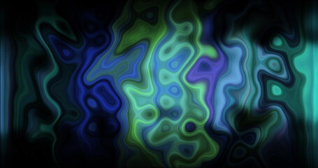 Abstractly defocussed of green and purple tones glowing and pulsating on black background