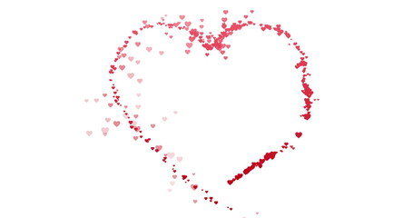 Trail of small red hearts making big heart outline on white background