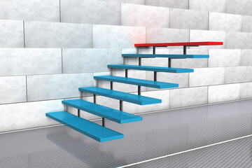 3d Treppe mit blauen Stufen und einer roten Stufe, Karriere und Aufstieg