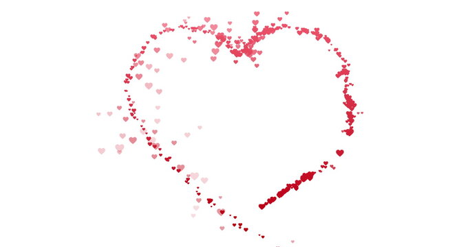 Trail of small red hearts making big heart outline on white background