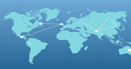 Blue world map with moving white network of connected points on blue background