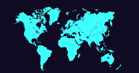 Blue world map with moving dark blue network of connected points on black background