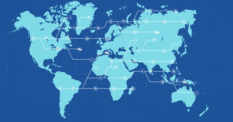 Blue world map with growing white network of connected icons on blue background