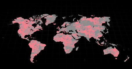 Grey world map changing to mostly pink on a black background