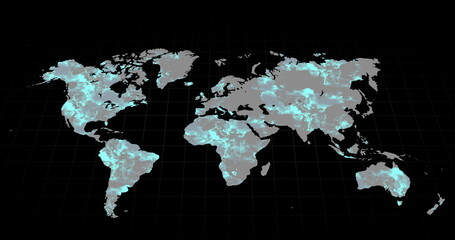 Grey world map changing to mostly blue on a black background
