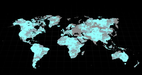 Grey world map changing to mostly blue on a black background