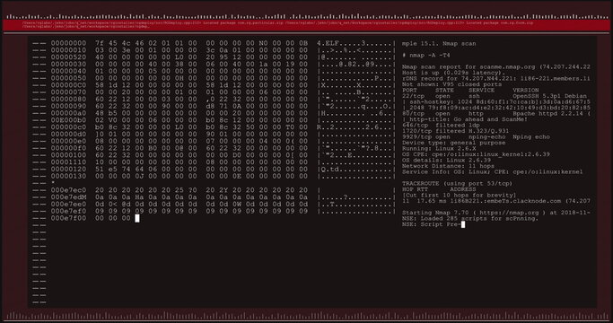 Image of data processing on black and red computer screen
