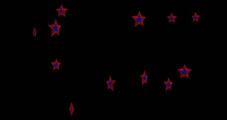 Image of multiple blue stars with red outline of American flag falling on black background. 