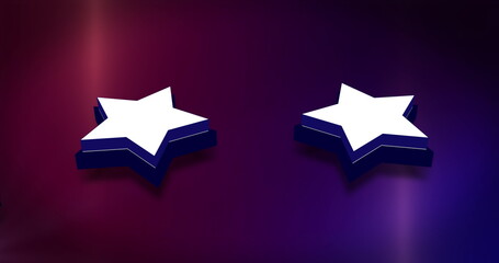 Image of white 3d stars spinning over glowing purple to pink background. 