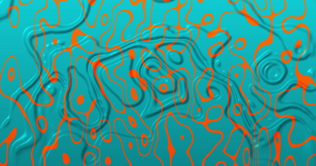 Fototapeta na wymiar Image of multiple 3d turquoise and orange glowing liquid shapes waving swirling and flowing smoo