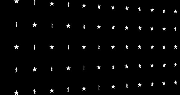 Image of multiple rows of white stars of American flag moving on black background. 