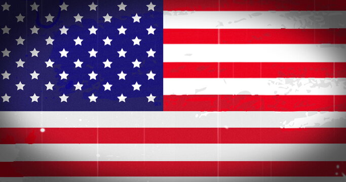 Image of white square sign over American flag flickering on white background. 
