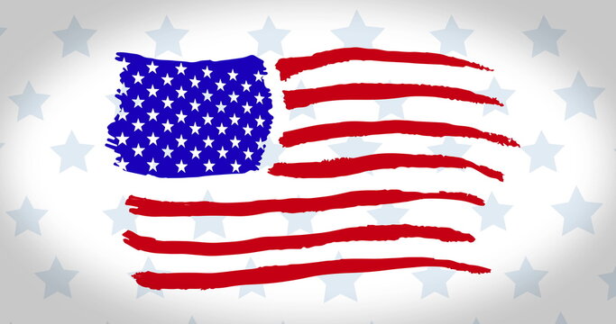 Image of hand drawn American flag waving on rows of pale blue stars on white background. 