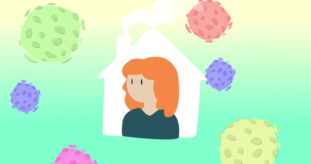 Image of a person staying at home with macro Coronavirus Covid-19 cells floating on green backgr