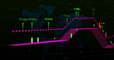 Multicolored graph and numbers moving against black background
