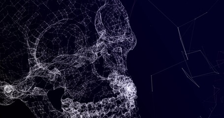 Image of a human skull in white lights on blue background