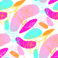 Fototapeta na wymiar Line art floral pattern. Trendy texture for any purposes. Bright and colorful spring or summer print. 