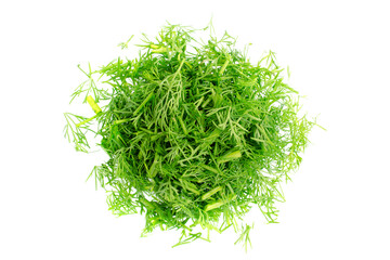 Pile sliced dill isolated on white background, top view, close-up. Fresh organic dill sliced on a...