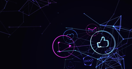 Image of blue and pink light trails with icons on blue background