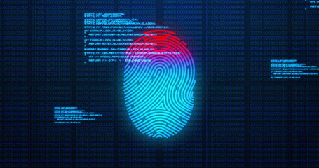 Image of digital biometric fingerprint computer interface icon and data processing on blue backg