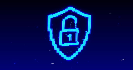 Image of digital computer interface online security blue glowing padlock icon on blue glowing ba