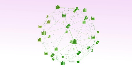 Image of digital interface and globe of network connections with green financial and currency ic
